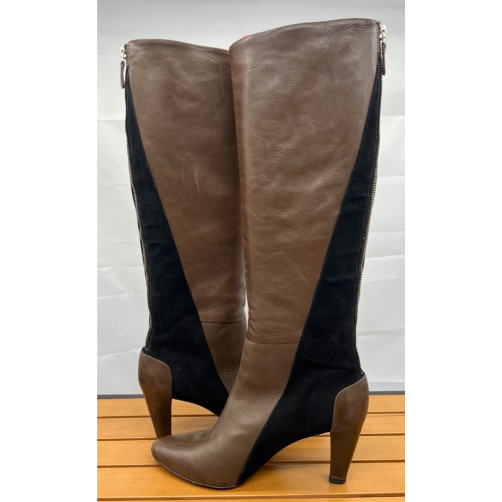10 Crosby Derek Lam Sammie Two-Tone Knee Boot Zip Brown 3.5" Heel, Size 8.5.